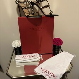 Valentino Garavani Black and Gold Studded Open Toe Heels